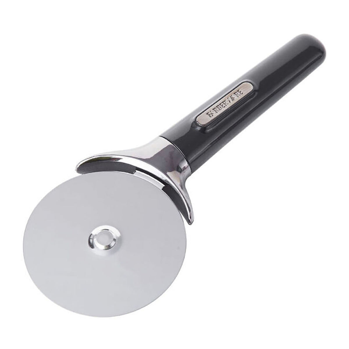 Farberware professional stainless steel pizza cutter wheel with black handle, finger and thumb guard, and tip-up head