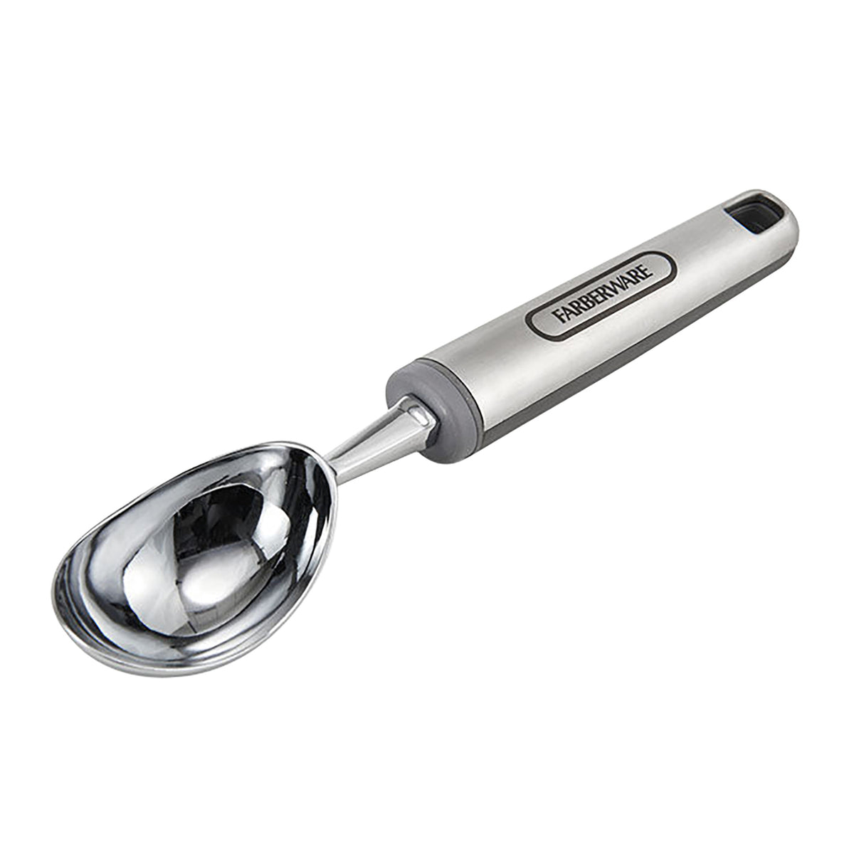 Farberware professional stainless steel soft ice cream scoop with chrome plated head, pointed corners, and soft rubber grip