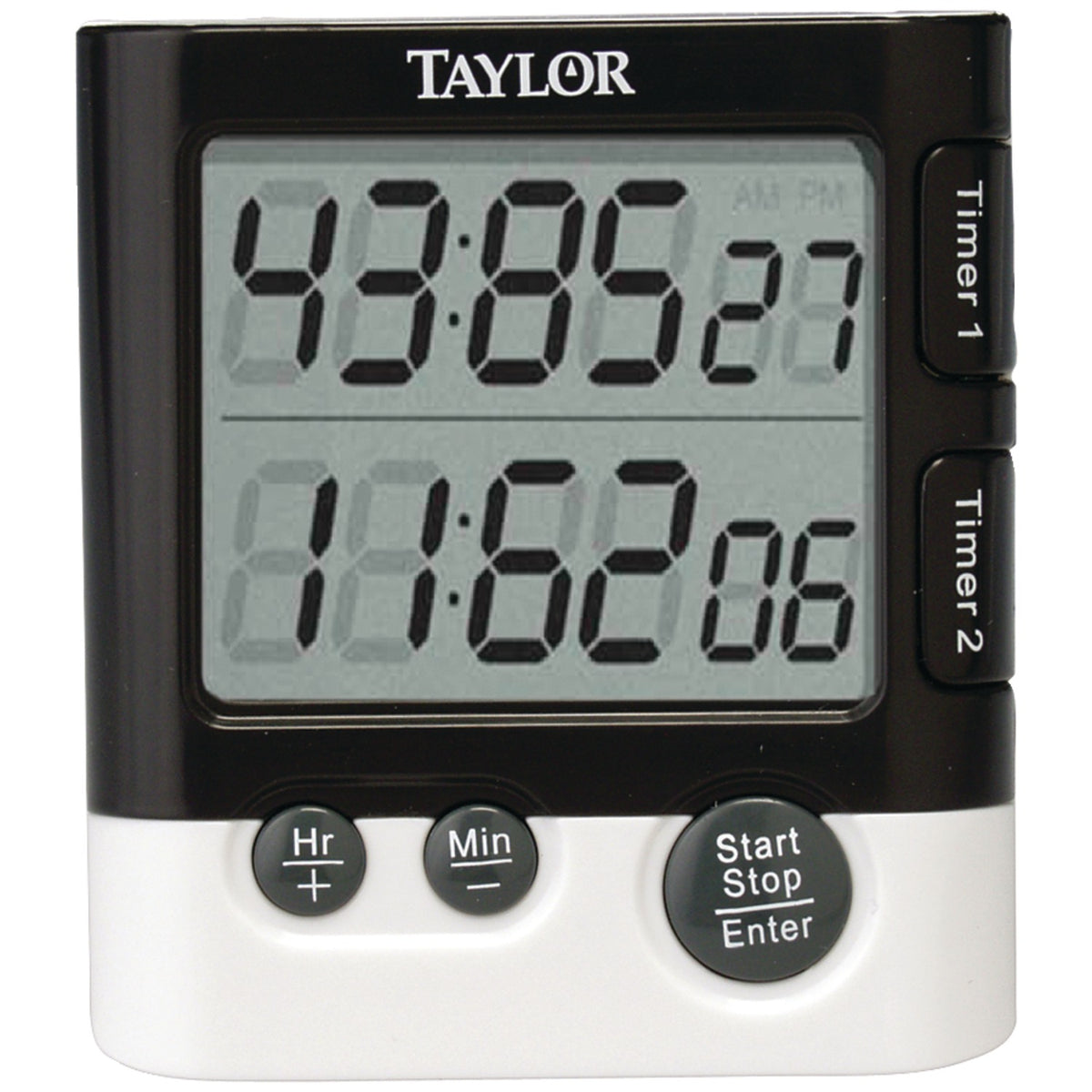 Taylor dual event digital kitchen timer with 1.5 inch LCD readout showing two timers and a clock, with clip, magnet, and stand