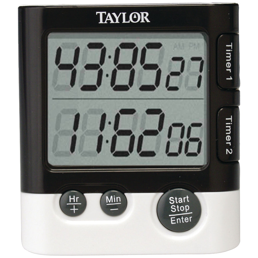 Taylor dual event digital kitchen timer with 1.5 inch LCD readout showing two timers and a clock, with clip, magnet, and stand