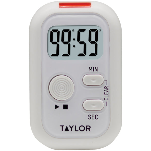 Taylor 5879 white flashing light kitchen timer with digital display, sound, light and vibration alerts, magnet, stand and clip
