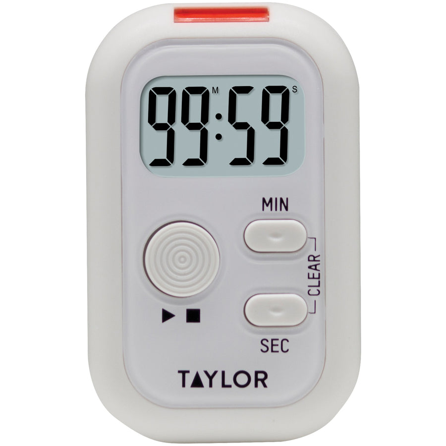 Taylor 5879 white flashing light kitchen timer with digital display, sound, light and vibration alerts, magnet, stand and clip