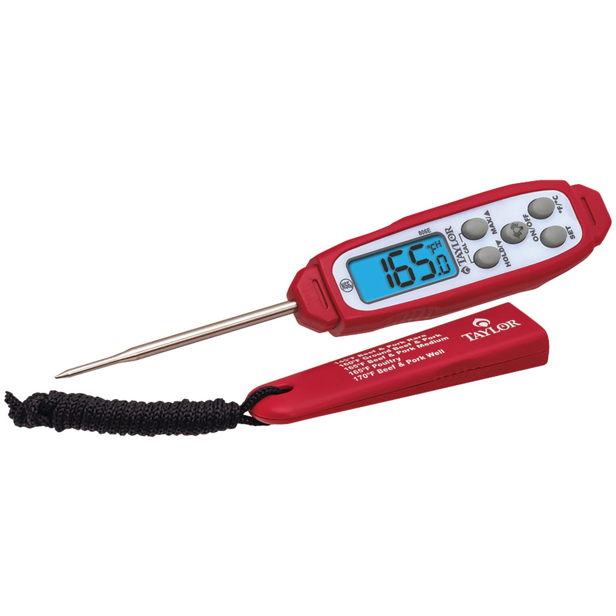 Taylor 806GW waterproof digital meat thermometer for grilling with probe and sleeve that doubles as a handle extension