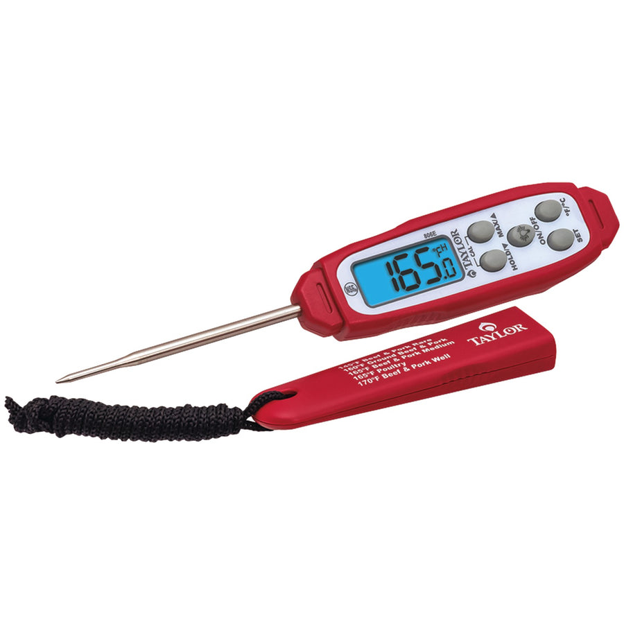 Taylor 806GW waterproof digital meat thermometer for grilling with probe and sleeve that doubles as a handle extension