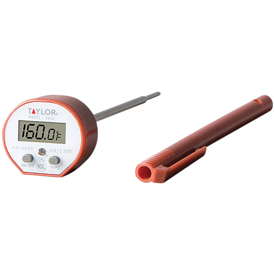 Taylor 9842 red waterproof digital instant read thermometer with metal probe and antimicrobial pocket sleeve