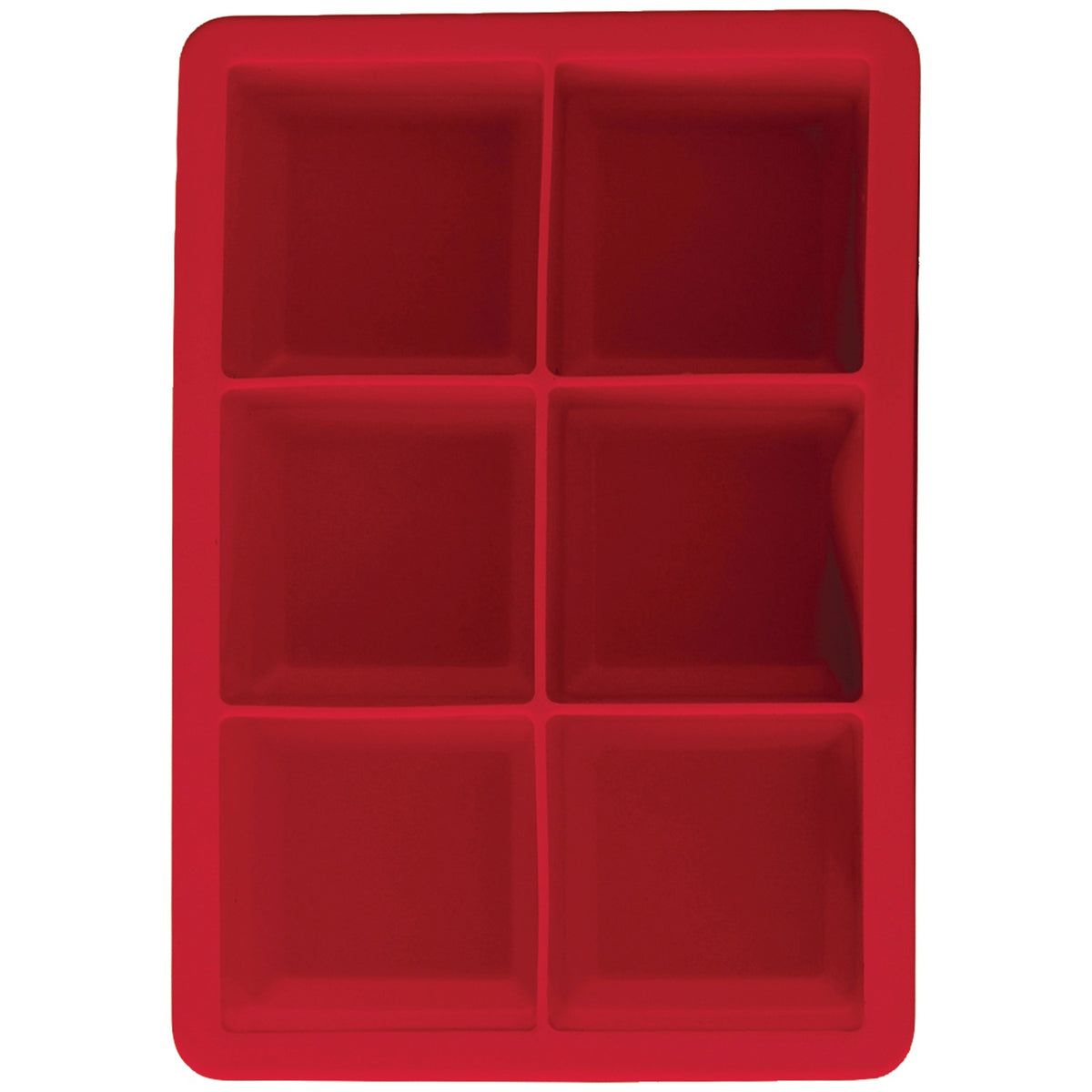 Red silicone ice cube tray making 6 large slow-melting cubes for cocktails and whiskey
