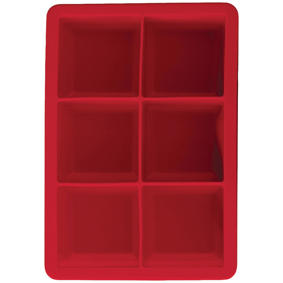 Red silicone ice cube tray making 6 large slow-melting cubes for cocktails and whiskey