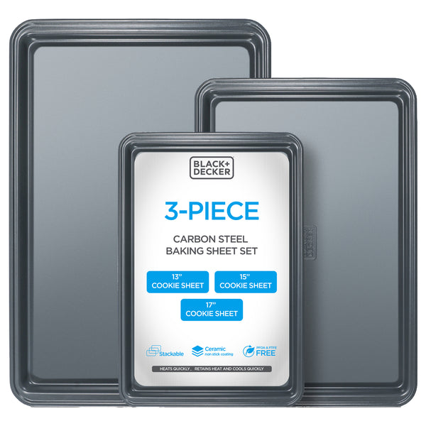 BLACK+DECKER 3-piece black carbon steel baking sheet set with 13, 15, and 17 inch rimmed cookie sheets and ceramic nonstick coating