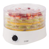 White 5-tray round food dehydrator with 280 watt base and adjustable thermostat for jerky, fruit and herbs