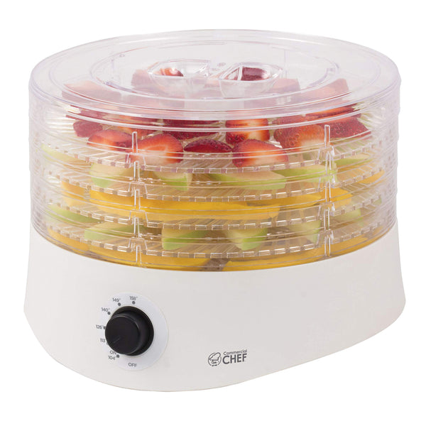 White 5-tray round food dehydrator with 280 watt base and adjustable thermostat for jerky, fruit and herbs