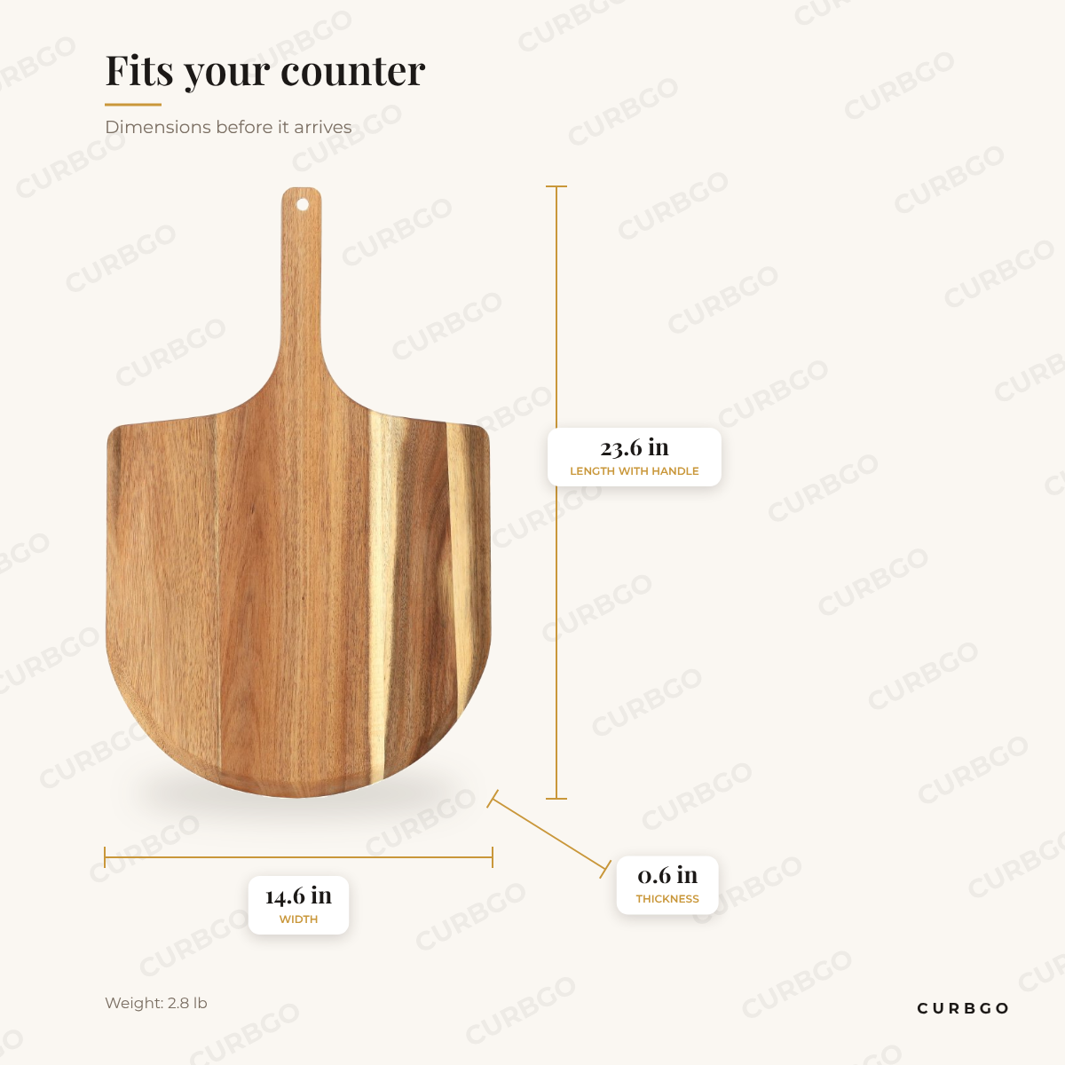 MegaChef Acacia Pizza Peel dimensions: 23.6 in L x 14.6 in W x 0.6 in H