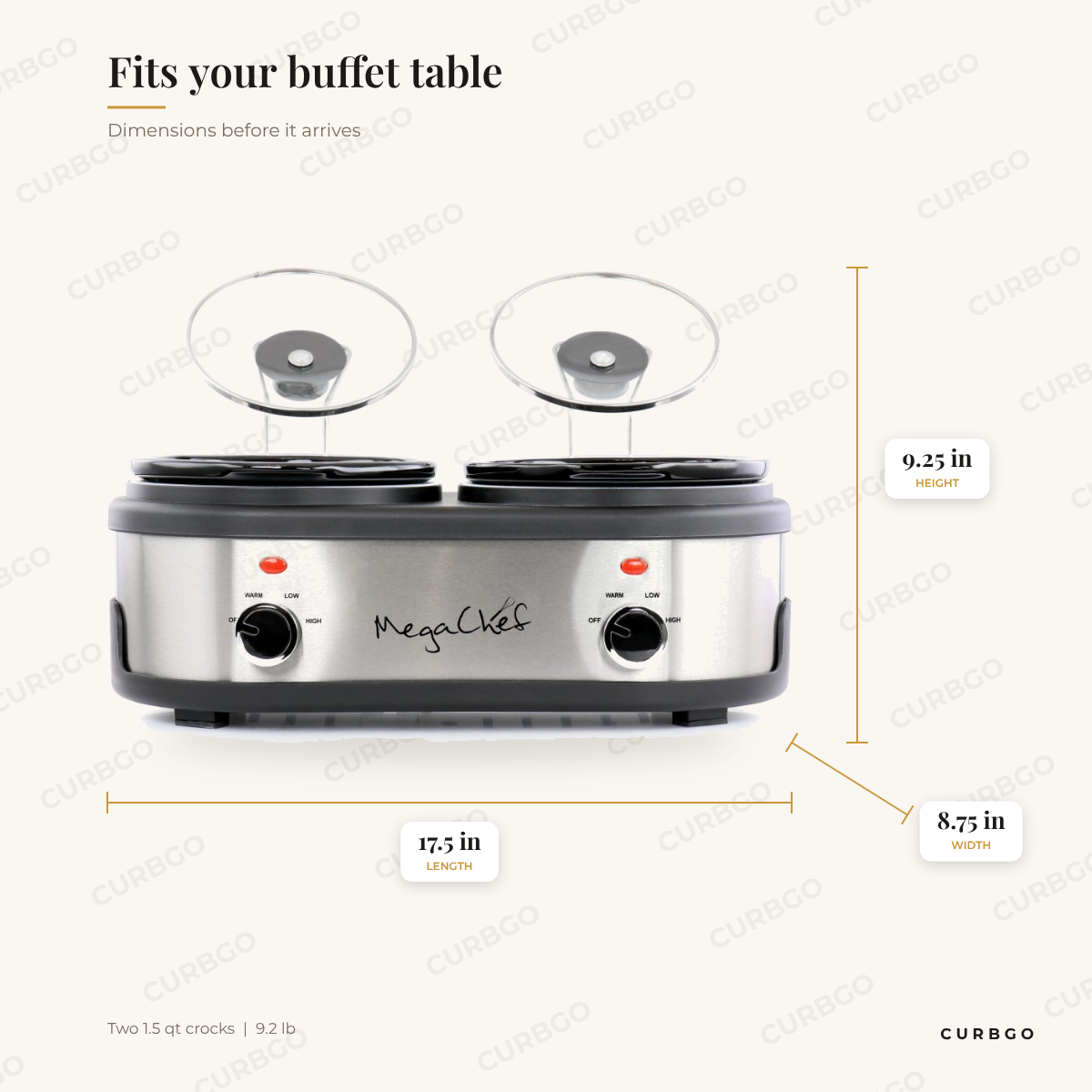 MegaChef Dual Buffet Cooker dimensions: 17.5 in L x 8.75 in W x 9.25 in H