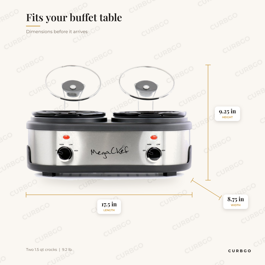 MegaChef Dual Buffet Cooker dimensions: 17.5 in L x 8.75 in W x 9.25 in H