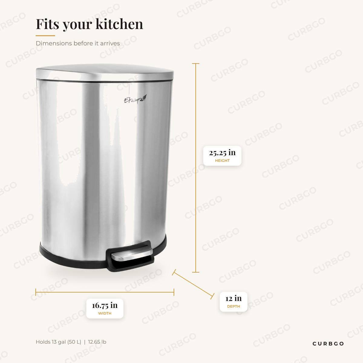 Elama Half-Circle Bin dimensions: 16.75 in W x 12 in D x 25.25 in H