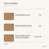 MegaChef Bamboo Boards piece sizes: small bamboo board 8 in; medium bamboo board 11 in; large bamboo board with carved handle 13 in x 9 in