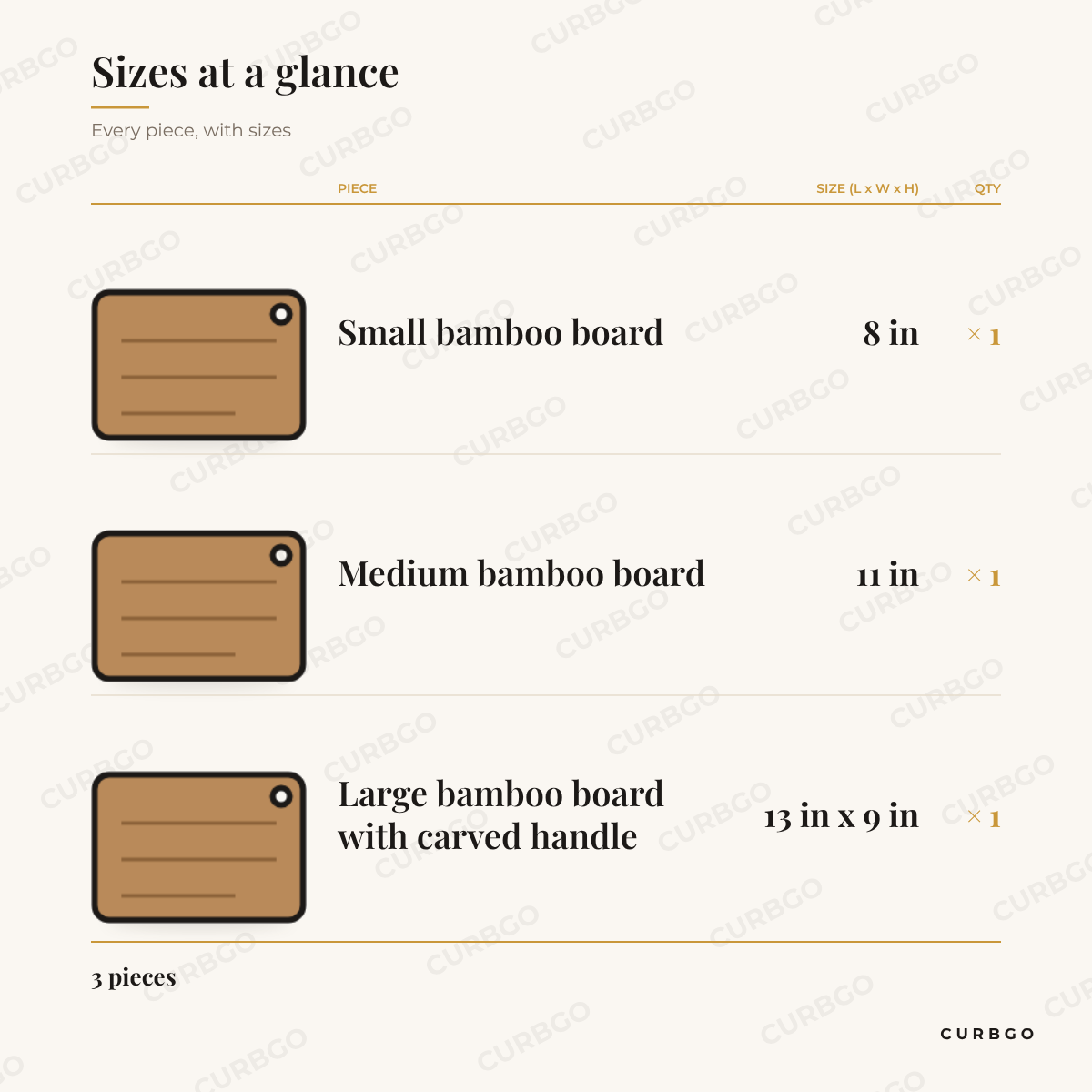 MegaChef Bamboo Boards piece sizes: small bamboo board 8 in; medium bamboo board 11 in; large bamboo board with carved handle 13 in x 9 in