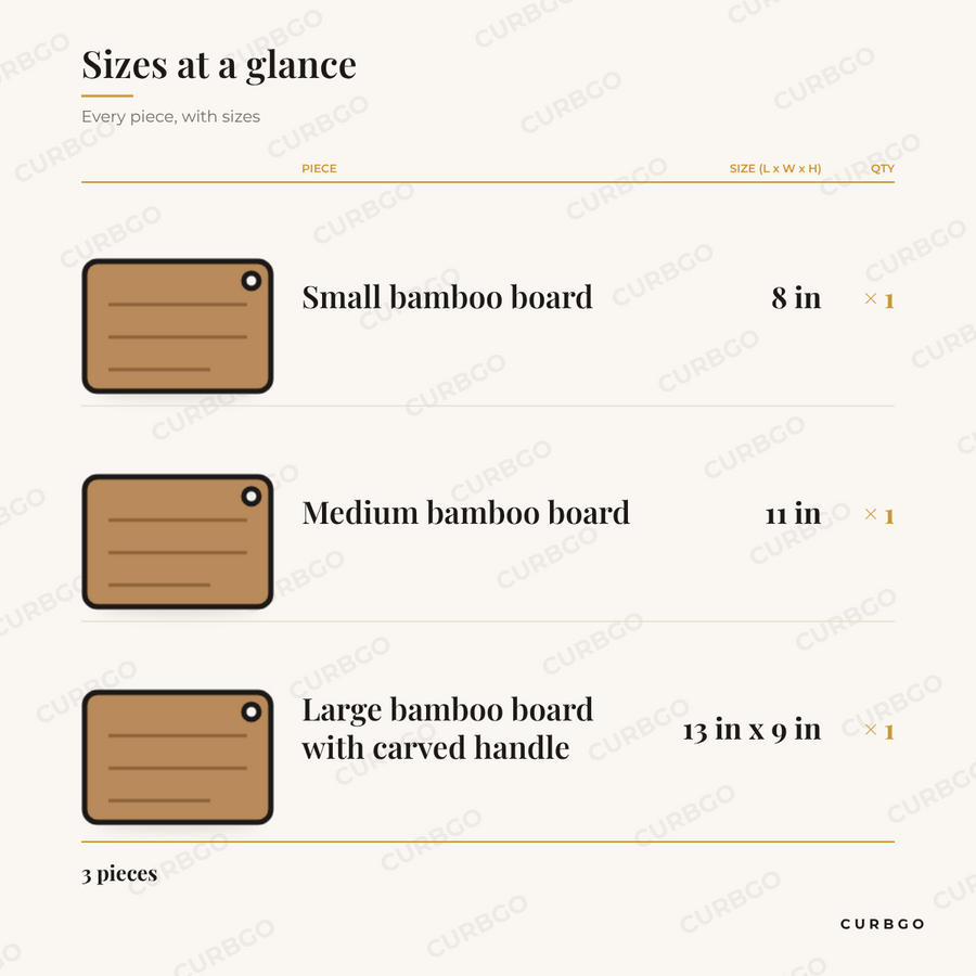 MegaChef Bamboo Boards piece sizes: small bamboo board 8 in; medium bamboo board 11 in; large bamboo board with carved handle 13 in x 9 in
