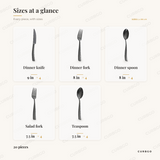 Stonehenge Black Flatware piece sizes: dinner knife 9 in; dinner fork 8 in; dinner spoon 8 in; salad fork 7.5 in; teaspoon 7.5 in