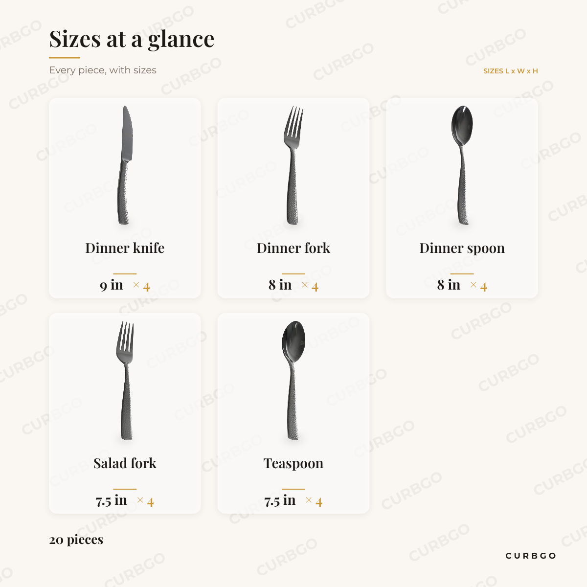 Stonehenge Black Flatware piece sizes: dinner knife 9 in; dinner fork 8 in; dinner spoon 8 in; salad fork 7.5 in; teaspoon 7.5 in