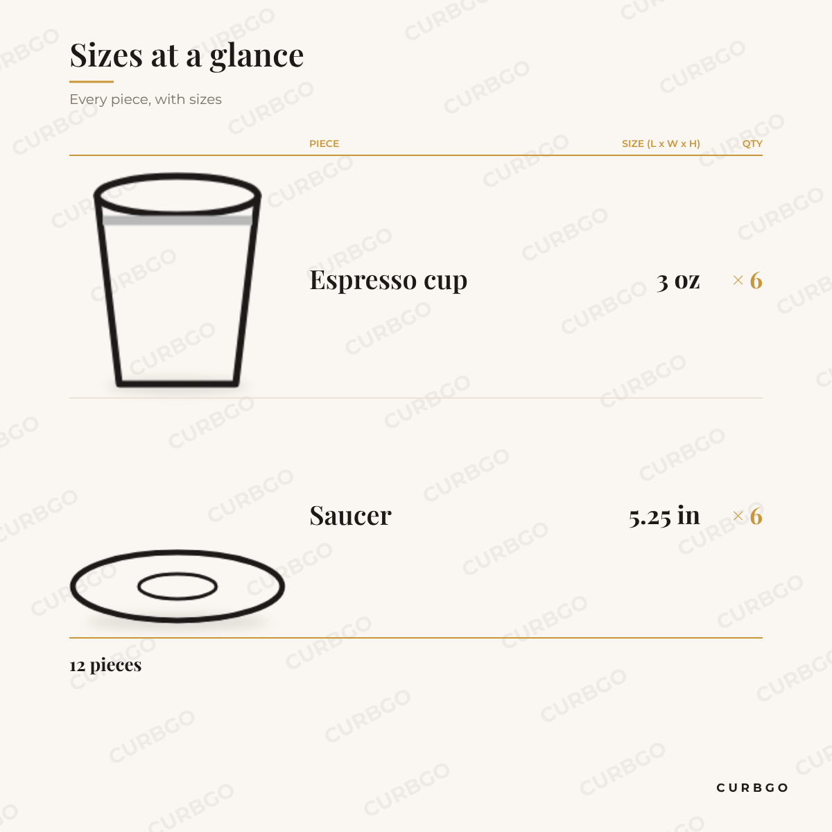 Sol Espresso Set piece sizes: espresso cup 3 oz; saucer 5.25 in