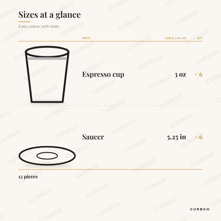Sol Espresso Set piece sizes: espresso cup 3 oz; saucer 5.25 in