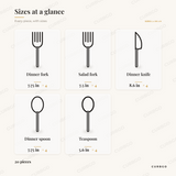 Cravat Flatware Set piece sizes: dinner fork 7.75 in; salad fork 7.5 in; dinner knife 8.6 in; dinner spoon 7.75 in; teaspoon 5.6 in