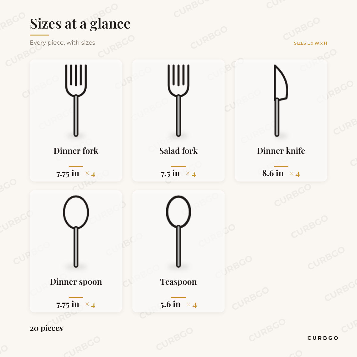 Cravat Flatware Set piece sizes: dinner fork 7.75 in; salad fork 7.5 in; dinner knife 8.6 in; dinner spoon 7.75 in; teaspoon 5.6 in