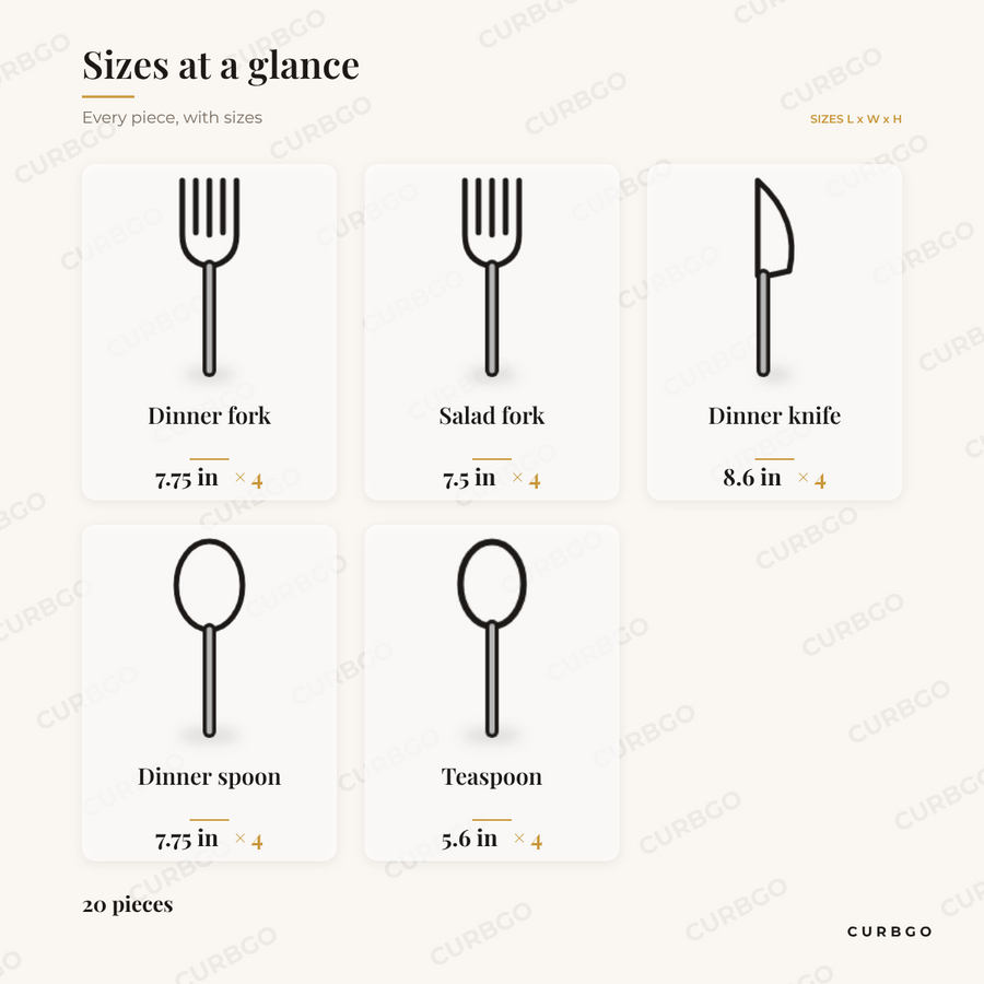 Cravat Flatware Set piece sizes: dinner fork 7.75 in; salad fork 7.5 in; dinner knife 8.6 in; dinner spoon 7.75 in; teaspoon 5.6 in