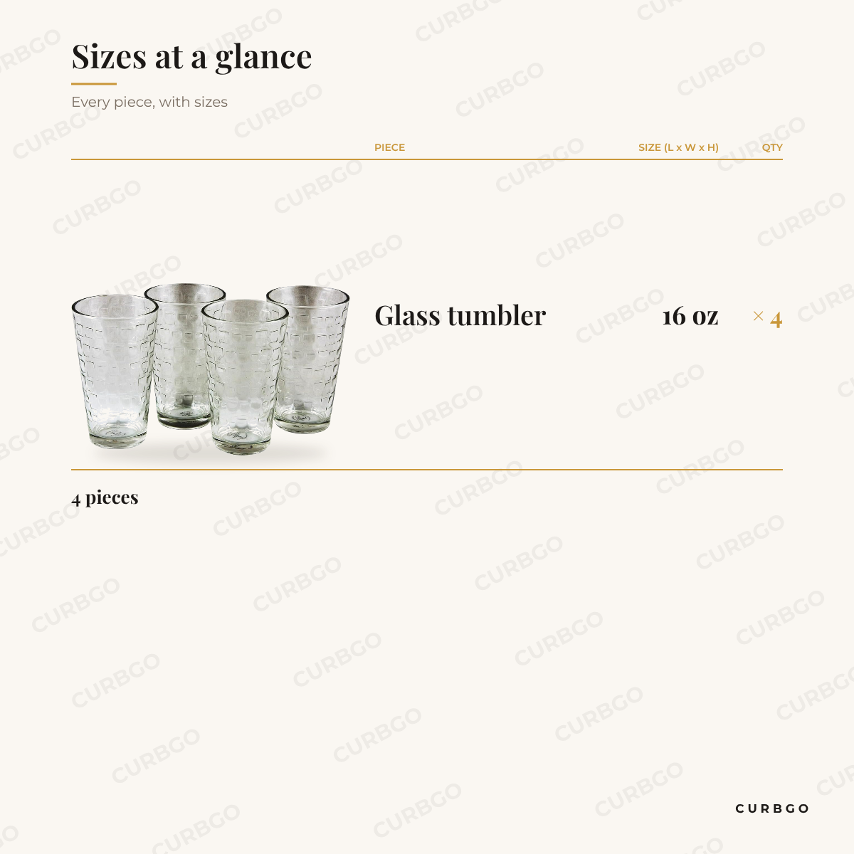 Great Foundations Tumblers piece sizes: glass tumbler 16 oz