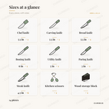MegaChef Knife Block Set piece sizes: chef knife 7.5 in; carving knife 7.5 in; bread knife 7.5 in; boning knife 6 in; utility knife 5 in; paring knife 3 in; steak knife 4.5 in; kitchen scissors; wood storage block