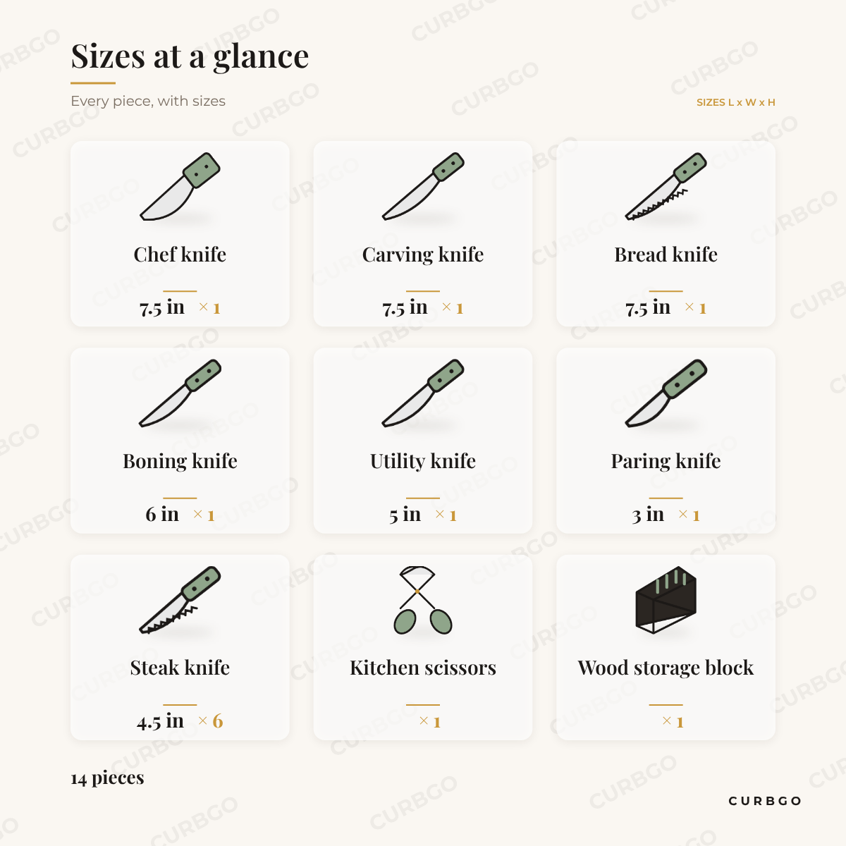 MegaChef Knife Block Set piece sizes: chef knife 7.5 in; carving knife 7.5 in; bread knife 7.5 in; boning knife 6 in; utility knife 5 in; paring knife 3 in; steak knife 4.5 in; kitchen scissors; wood storage block