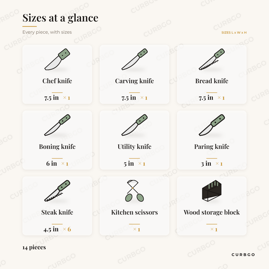 MegaChef Knife Block Set piece sizes: chef knife 7.5 in; carving knife 7.5 in; bread knife 7.5 in; boning knife 6 in; utility knife 5 in; paring knife 3 in; steak knife 4.5 in; kitchen scissors; wood storage block