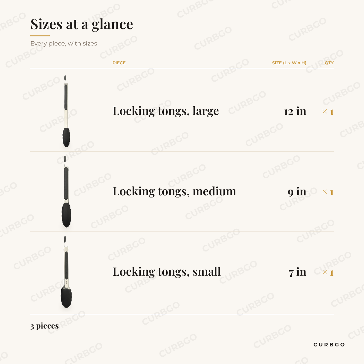 Oster Baldwyn Tongs Set piece sizes: locking tongs, large 12 in; locking tongs, medium 9 in; locking tongs, small 7 in