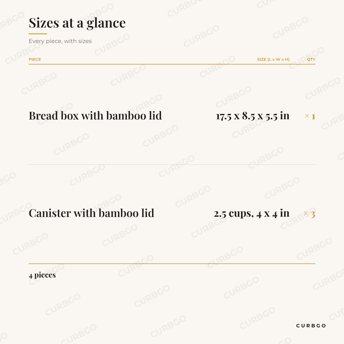 MegaChef Bread Box Set piece sizes: bread box with bamboo lid 17.5 x 8.5 x 5.5 in; canister with bamboo lid 2.5 cups, 4 x 4 in