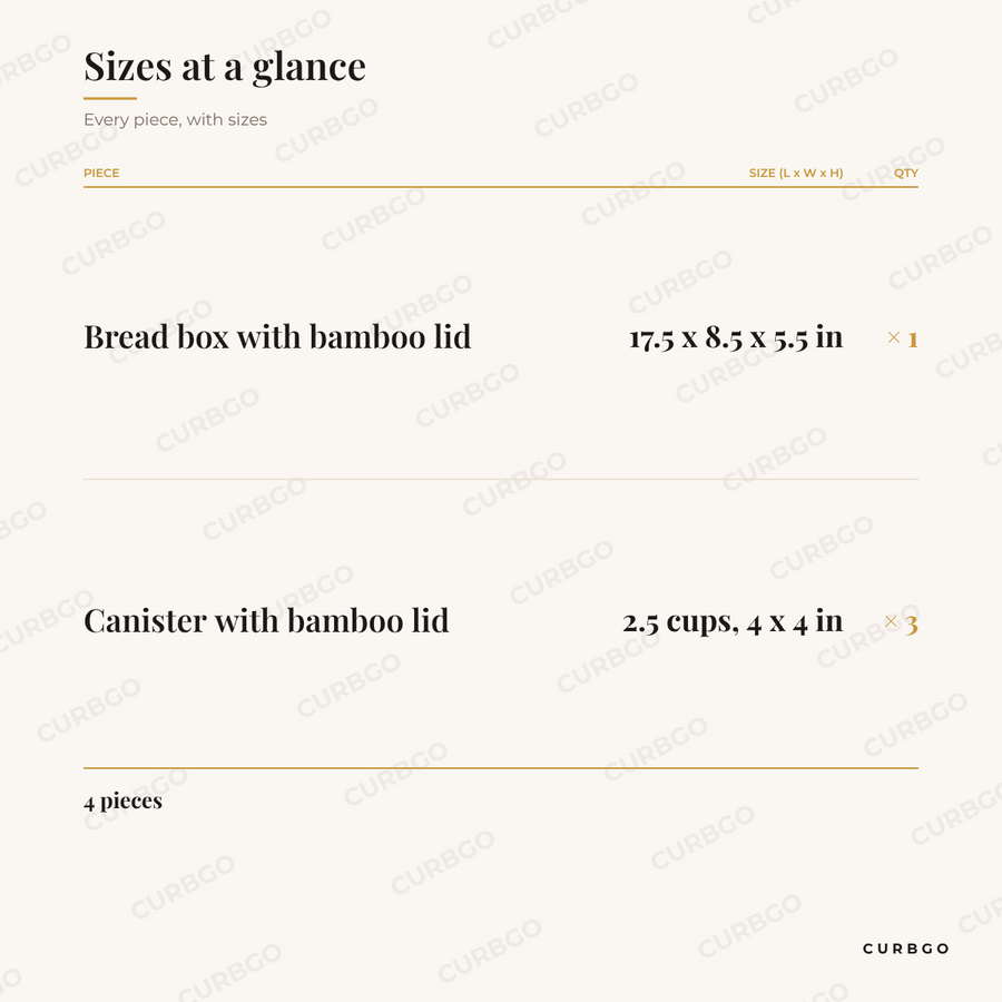 MegaChef Bread Box Set piece sizes: bread box with bamboo lid 17.5 x 8.5 x 5.5 in; canister with bamboo lid 2.5 cups, 4 x 4 in