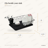 Better Chef 16 inch black wire dish drying rack dimensions: 17.5 in L x 13.75 in W x 5 in H, drain tray 16.5 x 12.5 in