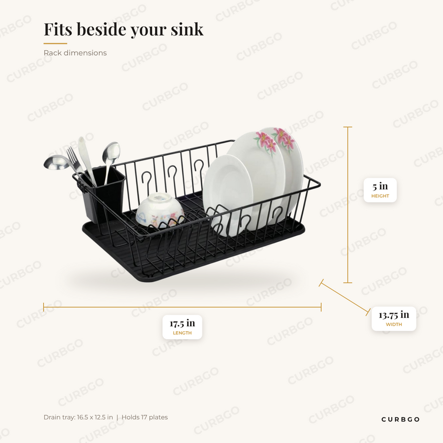 Better Chef 16 inch black wire dish drying rack dimensions: 17.5 in L x 13.75 in W x 5 in H, drain tray 16.5 x 12.5 in