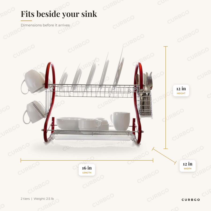MegaChef 2-tier red dish drying rack dimensions: 16 in L x 12 in W x 12 in H, 2.5 lb
