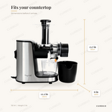 MegaChef masticating slow juicer dimensions: 12.2 in L x 6 in W x 13.7 in H, 150 W cold press