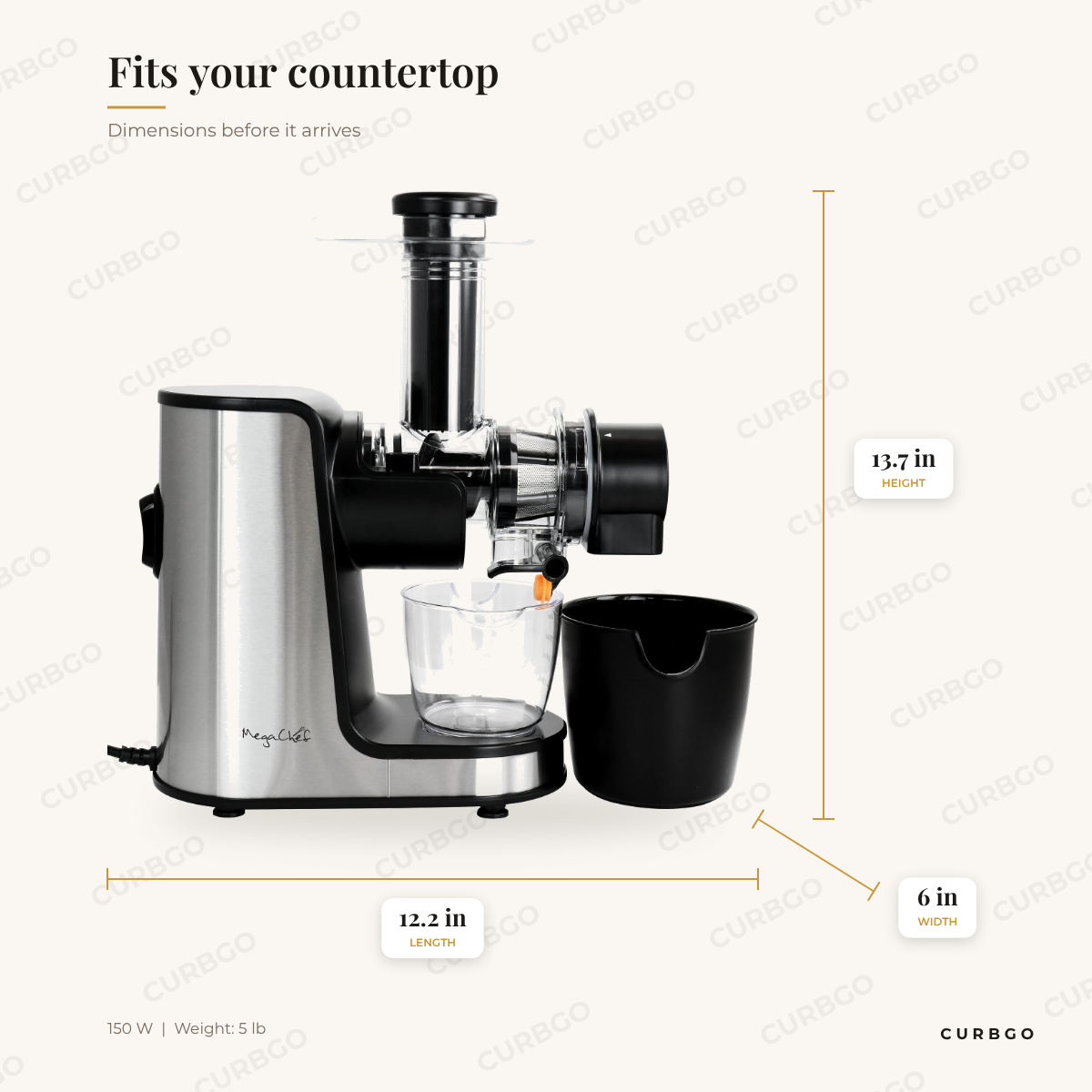 MegaChef masticating slow juicer dimensions: 12.2 in L x 6 in W x 13.7 in H, 150 W cold press