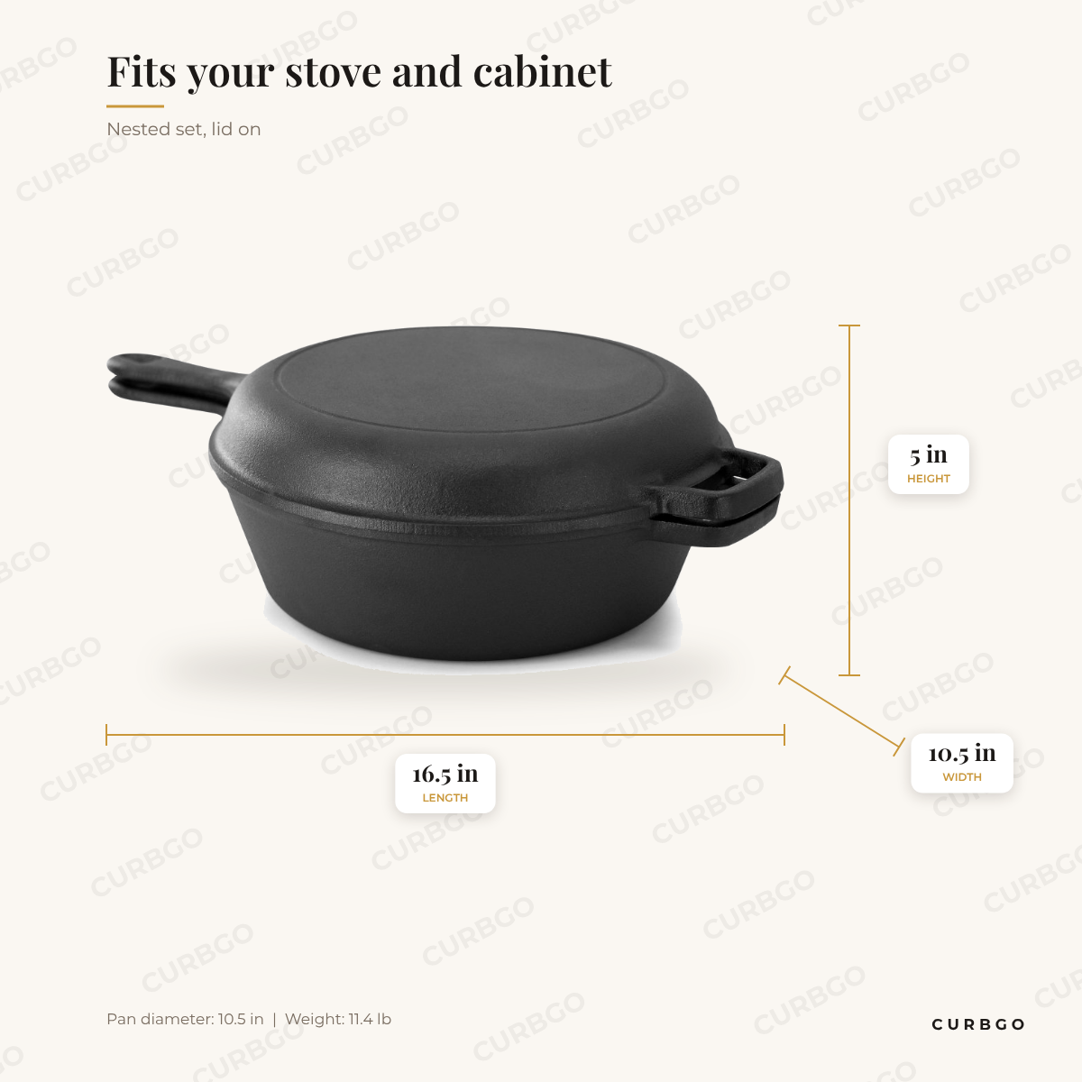 MegaChef 2-in-1 cast iron skillet and fry pan set dimensions, nested with lid on: 16.5 in L x 10.5 in W x 5 in H