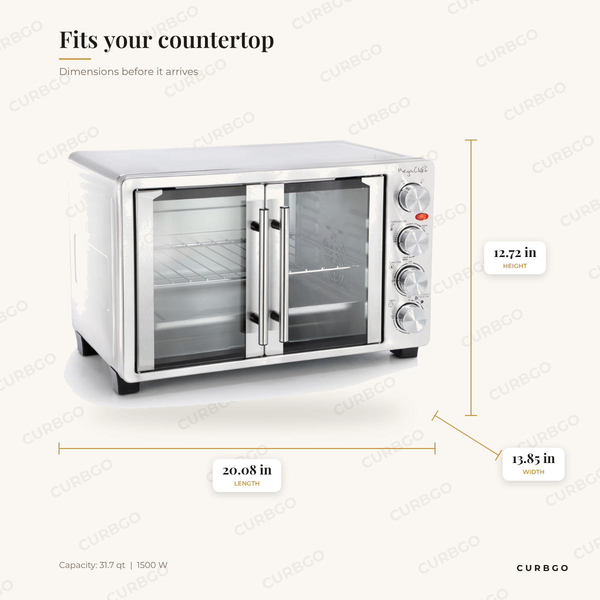 MegaChef 31.7 qt French door toaster oven dimensions: 20.08 in L x 13.85 in W x 12.72 in H