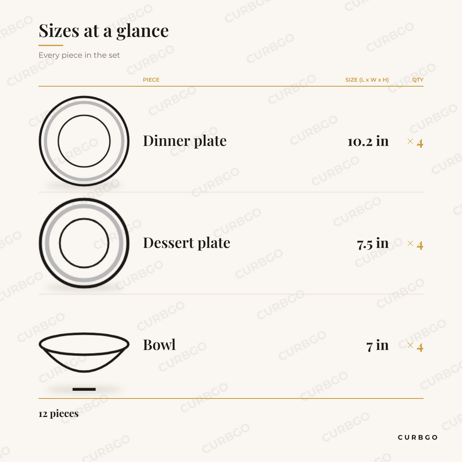 Gibson Ultra Patio opal glass dinnerware piece sizes: dinner plate 10.2 in, dessert plate 7.5 in, bowl 7 in, 12 pieces