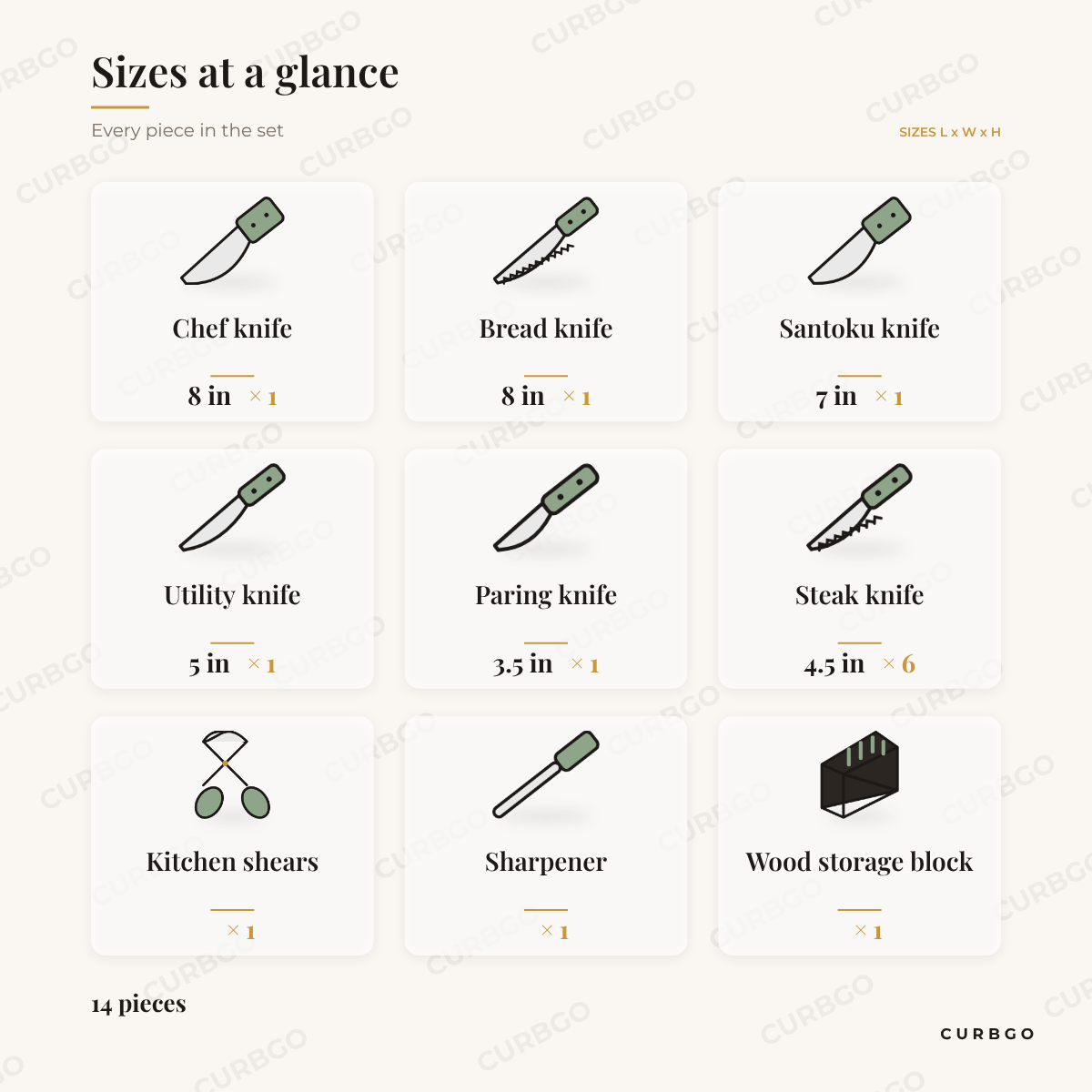 Oster Huxford knife block set piece sizes: chef knife 8 in, bread knife 8 in, santoku knife 7 in, utility knife 5 in, paring knife 3.5 in, 6 steak knives 4.5 in, shears, sharpener, block
