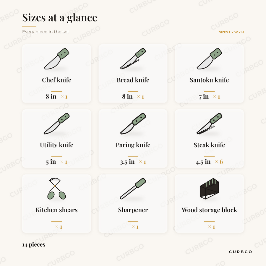 Oster Huxford knife block set piece sizes: chef knife 8 in, bread knife 8 in, santoku knife 7 in, utility knife 5 in, paring knife 3.5 in, 6 steak knives 4.5 in, shears, sharpener, block