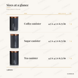 MegaChef coffee, sugar and tea canister set piece sizes: each canister 4.5 x 4.5 x 6.73 in, 3 pieces