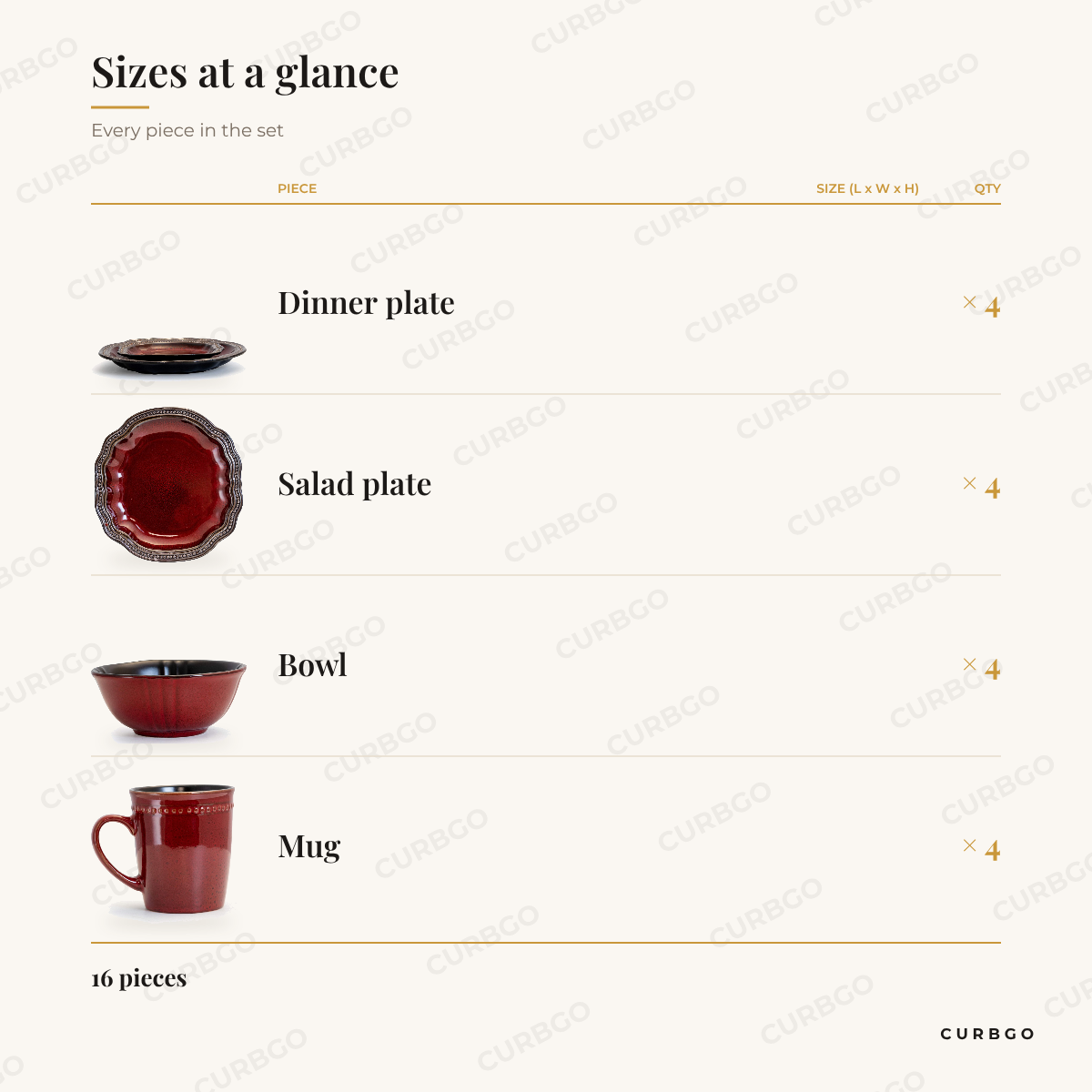 Elama Regency red stoneware dinnerware set pieces: 4 dinner plates, 4 salad plates, 4 bowls, 4 mugs, 16 pieces