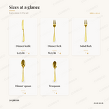 MegaChef Gibbous gold flatware piece sizes: dinner knife 9.25 in, dinner fork 8.25 in, salad fork, dinner spoon, teaspoon, 20 pieces