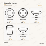 Elama Sienna porcelain dinnerware piece sizes: dinner plate 10.5 in, dessert plate 8 in, bowl 5.5 in, cup 8 oz, serving bowl 9 in, 18 pieces