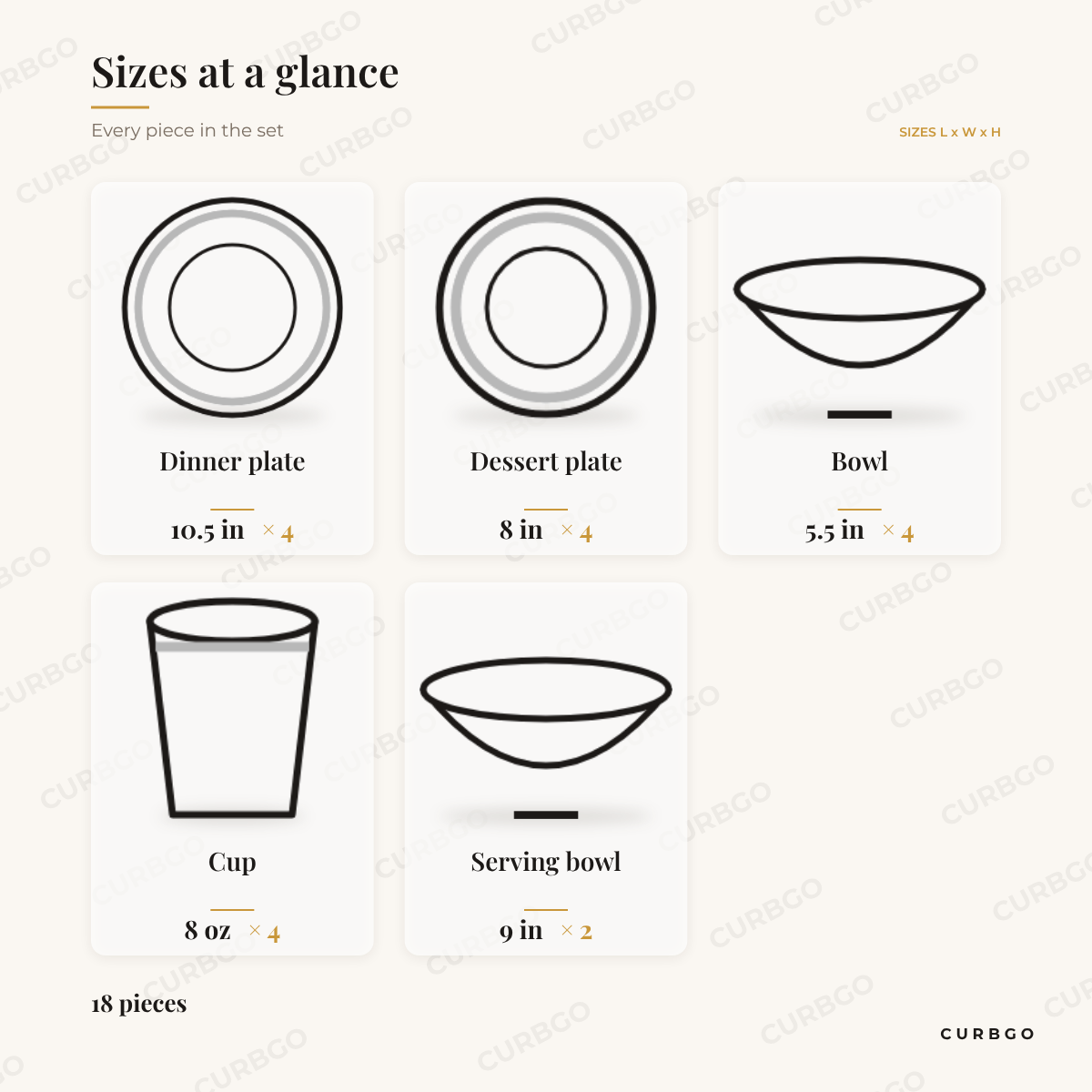 Elama Sienna porcelain dinnerware piece sizes: dinner plate 10.5 in, dessert plate 8 in, bowl 5.5 in, cup 8 oz, serving bowl 9 in, 18 pieces